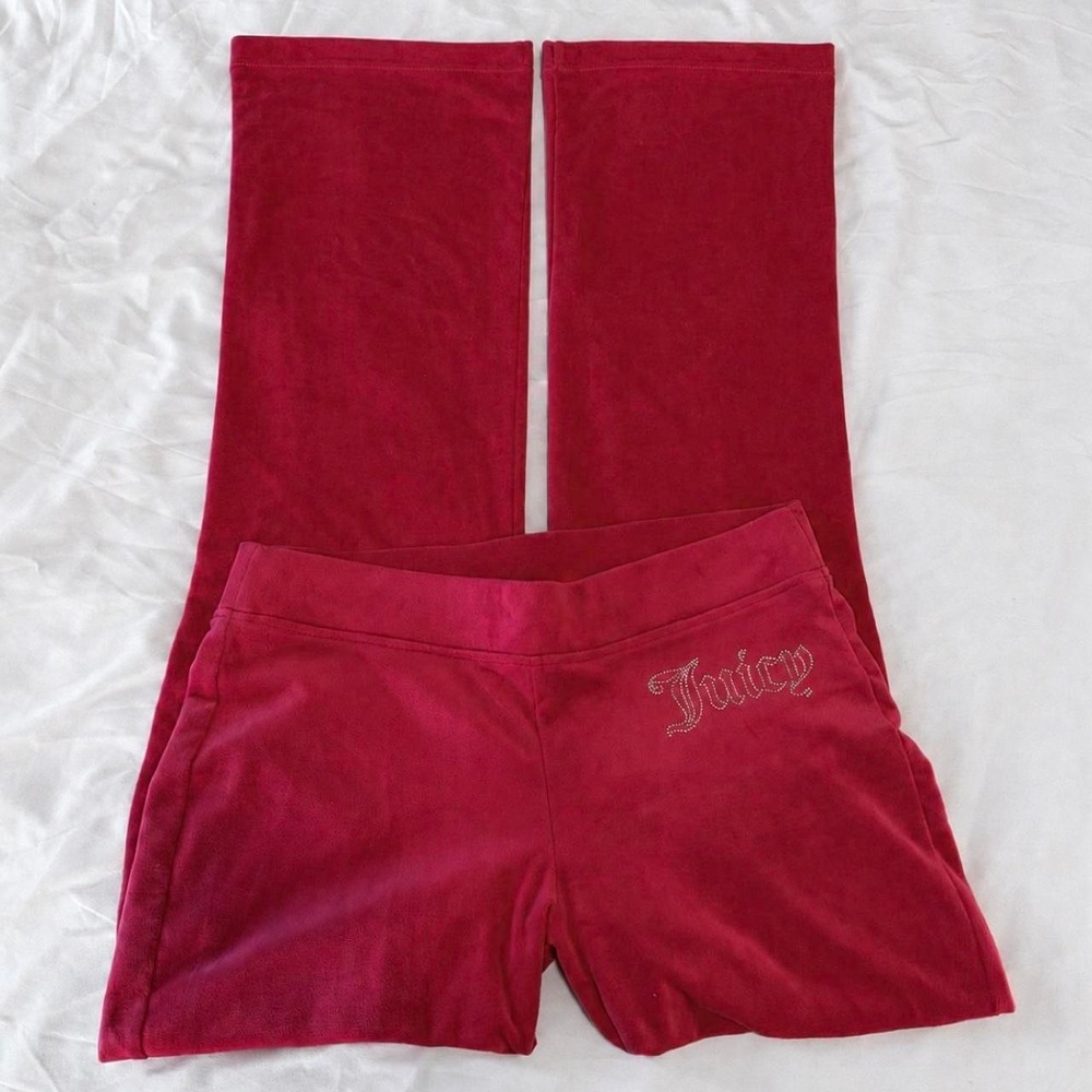 Juicy Couture Hot Pink Velour Low Rise Rhinestone Flare Track Pants Y2K S